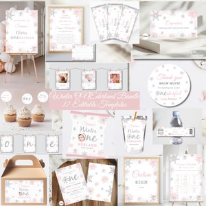 Winter Onerderland First Birthday Invite Bundle, Girl Winter First Birthday, Editable Silver Pink Snowflake Birthday Bundle Digital Download