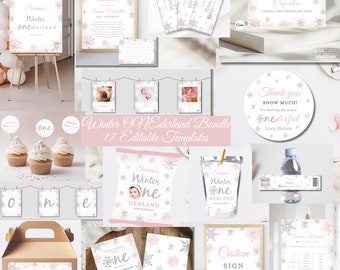 Winter Onerderland First Birthday Invite Bundle, Girl Winter First Birthday, Editable Silver Pink Snowflake Birthday Bundle Digital Download