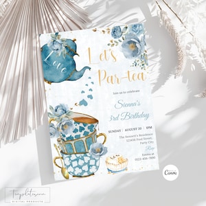 Invitation d'anniversaire Tea Party bleu et or Modèle d'invitation modifiable Invitation d'anniversaire de thé Invitation anniversaire de fille florale Téléchargement immédiat