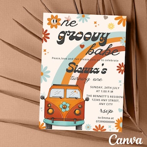 Editable One Groovy Babe 1st Birthday Party Invitation - Girl Retro Groovy One Rainbow Hippie Van Birthday Party Invite - Instant Download