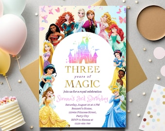 Invito modificabile a tema principessa, invito per il 3° compleanno di una principessa reale, invito per il 3° compleanno di una bambina a tema principessa, invito per la festa della principessa, download digitale