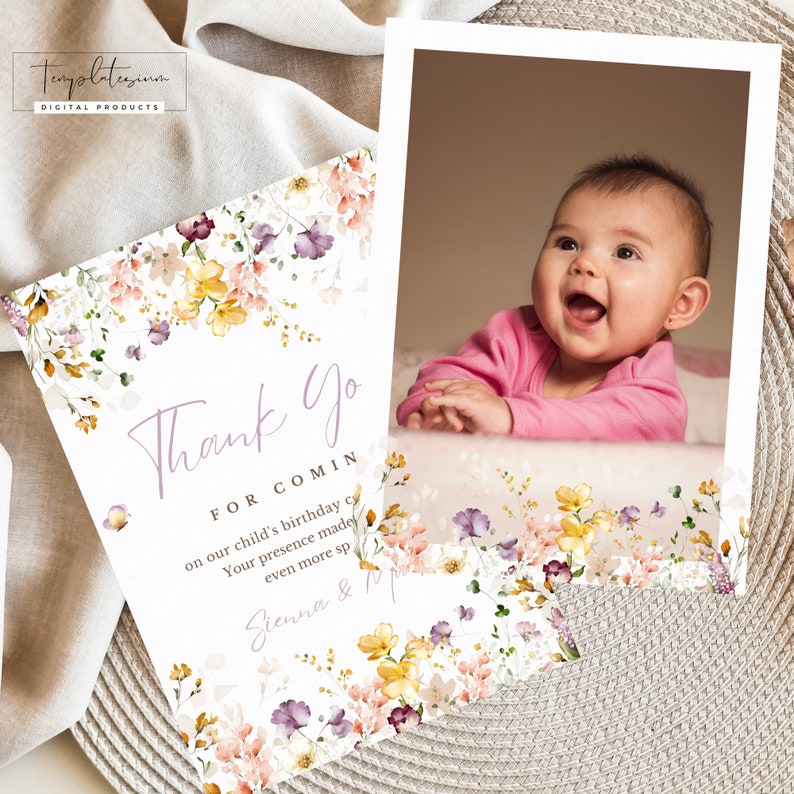 Wildflower Thank You Card Editable Birthday Thank You Photo Floral Card ...