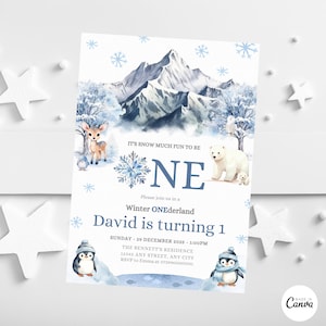 Editable Winter Onederland Invitation, Wonderland Girl Boy 1st Birthday Invite, Polar Bear Arctic Animals, Woodland Forest Template Invite