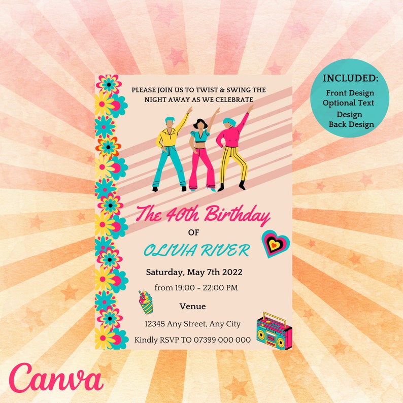 Editable 60s Theme Birthday Party Invitation, Hippie Retro Daisy ...