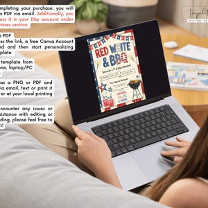 May include: A laptop displays a digital invitation for a Red, White, and BBQ celebration. The invitation features patriotic colors, stars, and a grill illustration. Instructions for accessing and editing the template are visible on the screen.