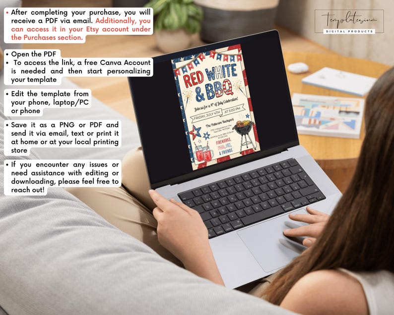 May include: A laptop displays a digital invitation for a Red, White, and BBQ celebration. The invitation features patriotic colors, stars, and a grill illustration. Instructions for accessing and editing the template are visible on the screen.