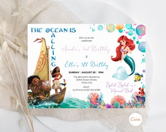 Editable Joint Birthday Invitation, Moana Birthday and Little Mermaid Invite, Double Birthday Custom Invite, Joint Party Sibling Template