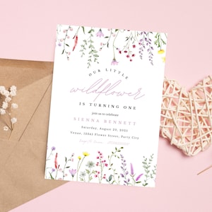 Editable Wildflower 1st Birthday Party Invitation Template, Wildflower Invitation, Meadow Flowers, Girl Pink First Birthday Flowers Invite
