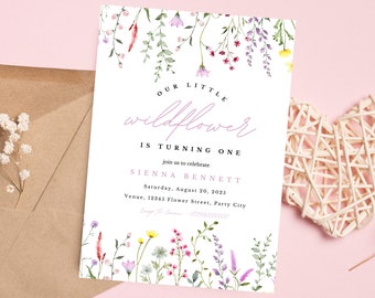 Editable Wildflower 1st Birthday Party Invitation Template, Wildflower Invitation, Meadow Flowers, Girl Pink First Birthday Flowers Invite