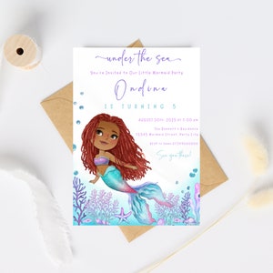 Faire-part d'anniversaire modifiable petite sirène, modèle d'invitation d'anniversaire Ariel, carte la petite sirène, Invitation numérique princesse Ariel