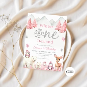 Editable Winter Onederland Invitation Wonderland Pink Girl 1st Birthday Invite Polar Bear Arctic Animals Woodland Forest Template Winter01