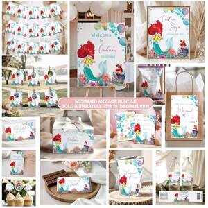 May include: A collection of mermaid-themed party supplies, including banners, signs, gift bags, and cupcake toppers. The designs feature a mermaid with red hair and a turquoise tail, surrounded by bubbles and coral. The text "Welcome to Ondina's 5th Birthday" is visible.