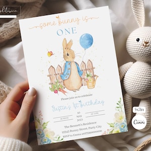 Peter Rabbit 1st Birthday Invitation Rustic Boy Blue Bunny Spring Floral Editable Canva Template