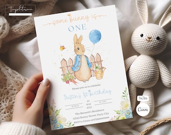 Peter Rabbit 1st Birthday Invitation Rustic Boy Blue Bunny Spring Floral Editable Canva Template