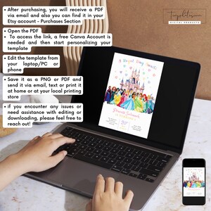 May include: A laptop screen shows a princess-themed birthday invitation with a castle and princesses. The invitation says "A Royal Day Awaits" and "Princess Savannah is turning 20". A smartphone displays the same invitation. Instructions are listed on the left side of the laptop.