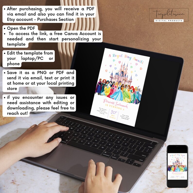 May include: A laptop screen shows a princess-themed birthday invitation with a castle and princesses. The invitation says "A Royal Day Awaits" and "Princess Savannah is turning 20". A smartphone displays the same invitation. Instructions are listed on the left side of the laptop.