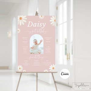 Premier anniversaire de Daisy MODIFIABLE fille 1er anniversaire Photo d'étape importante affiche personnalisable signe fleur imprimable décoration Daisy 01