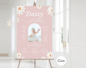 May include: A pink and white first birthday sign with a photo of a baby girl in a white dress. The sign includes the baby's name, Daisy, and details about her first year, including her height, weight, and favorite things. The sign is decorated with white daisies.