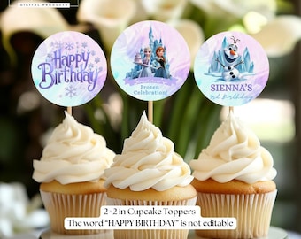 Adornos para cupcakes de Frozen, Elsa, Anna, Olaf, decoraciones para fiestas de cumpleaños para cualquier edad, plantilla personalizada de Canva