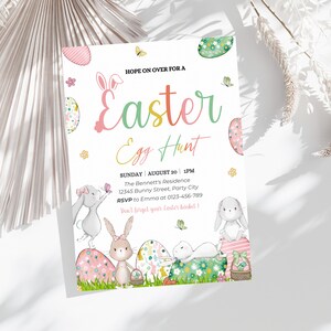 Invitation modifiable à la chasse aux œufs de Pâques, carte de Pâques à la chasse aux œufs, invitation à la fête de Pâques du lapin, modèle d’œufs de Pâques, carte imprimable, téléchargement instantané