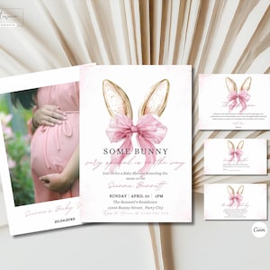 Bearbeitbares Mädchen-Kaninchen-Babyparty-Einladungspaket, rosafarbenes Häschen-Babyparty-Einladungsset, Baby-Häschen-Duschkarte, benutzerdefinierte Babypartyvorlagen