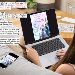 May include: A digital printable invitation for a Frozen-themed birthday party. The invitation features a watercolor background with a purple and blue color scheme. The text on the invitation reads "The right birthday wish is always for you... THREE!" and "3rd Birthday".