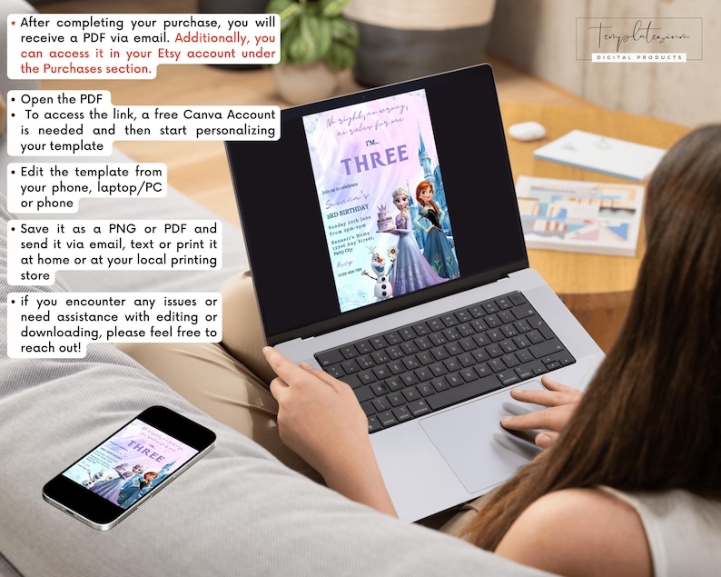 May include: A digital printable invitation for a Frozen-themed birthday party. The invitation features a watercolor background with a purple and blue color scheme. The text on the invitation reads "The right birthday wish is always for you... THREE!" and "3rd Birthday".