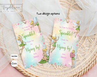 Etiquetas de agradecimiento de Campanilla para fiestas de cumpleaños de hadas. Plantilla personalizada de Canva para descargar digitalmente e imprimir.
