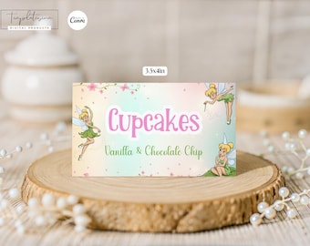 Tarjetas de mesa de Campanilla Decoración para fiesta de cumpleaños de hadas Personalizada Canva Descarga digital Imprimible Comida