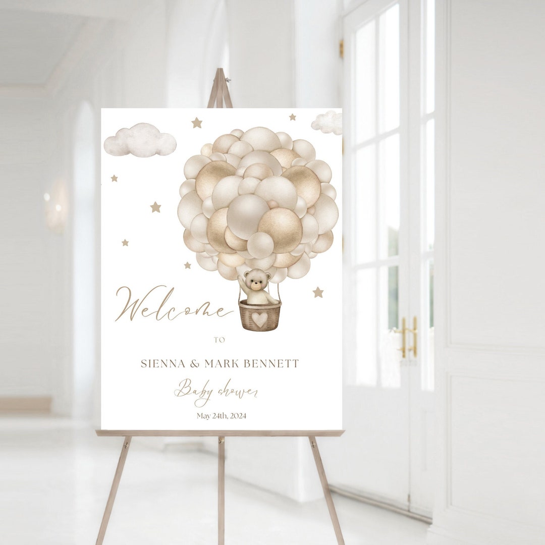 Editable Teddy Bear Hot Air Balloon Baby Shower Welcome Sign, Gender ...