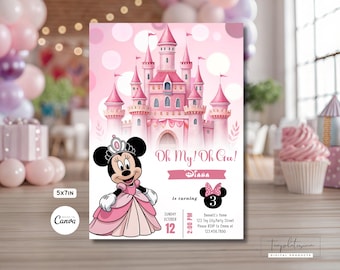 Rosa Minnie Mouse födelsedagsinbjudan, akvarell flickfödelsedagsinbjudan, utskrivbar inbjudan, redigerbar alla åldrar födelsedagsfest Minnie Mouse, Canvas