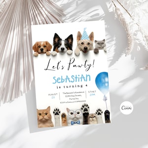 Editable Dog And Cat Birthday Party Invitation Pawty Birthday Party Boy Invite Animal Invite Dog Birthday Cat Birthday Instant Download