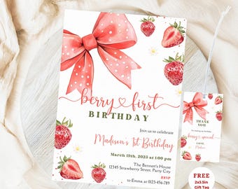 Berry First Birthday Invitation Template, Editable 1st Birthday Party Invitations, Printable Strawberry Birthday Invites, Custom Gift Tag