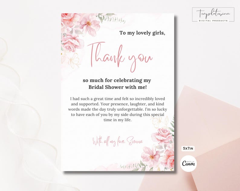 Editable Bridal Shower Thank You Card Dusty Pink Floral Bride to Be ...