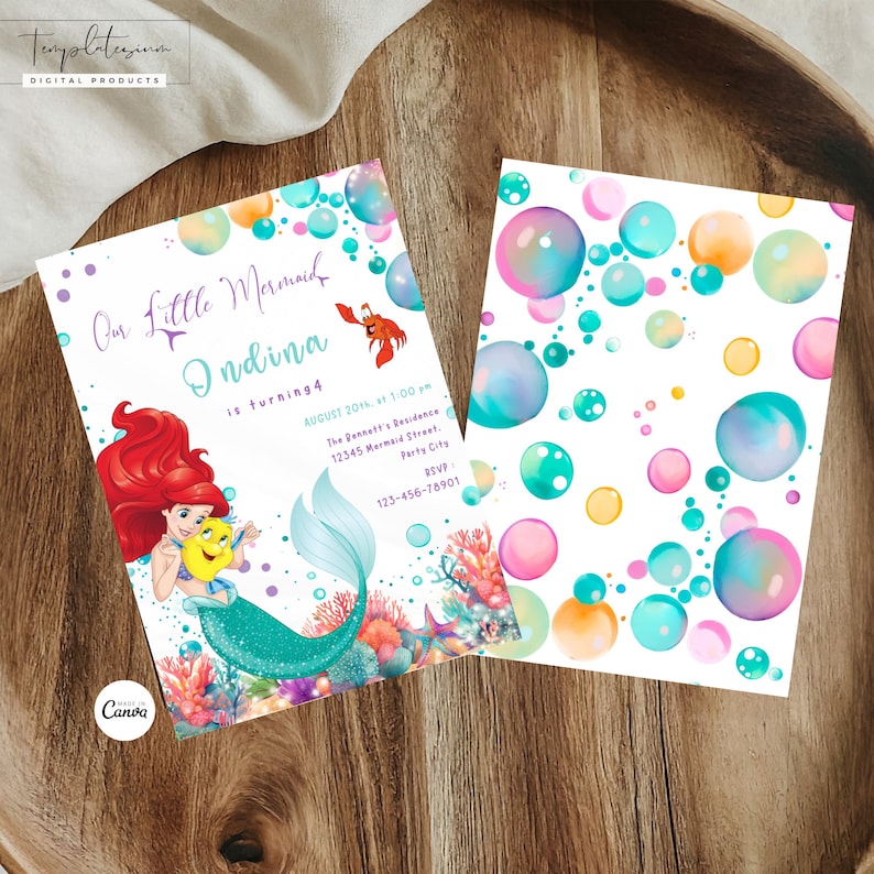 May include: A printable invitation for a 4th birthday party with a mermaid theme. The invitation features a cartoon image of Ariel from The Little Mermaid, holding a yellow Flounder. The background is a light blue with bubbles and coral.