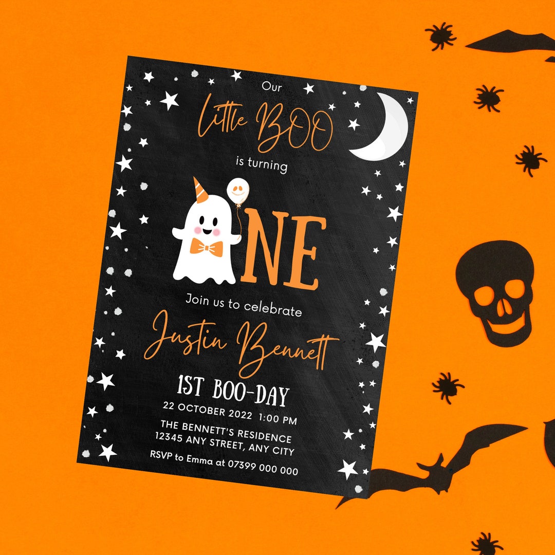 Editable Our Little Boo Orange Birthday Party Invitation - Cute Ghost ...