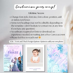 May include: A customizable 5x7 inch printable invitation for a third birthday party. The invitation features a purple, blue, and white Frozen-themed design with a castle, snowflakes, and the text "I'm Three".