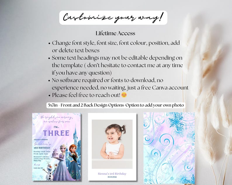 May include: A customizable 5x7 inch printable invitation for a third birthday party. The invitation features a purple, blue, and white Frozen-themed design with a castle, snowflakes, and the text "I'm Three".