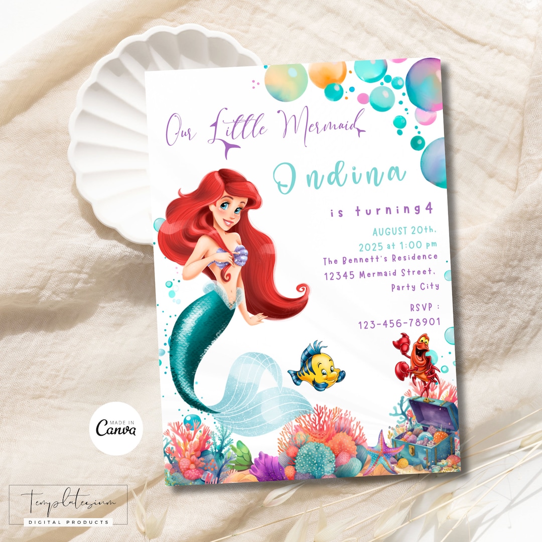 Editable Little Mermaid Birthday Invitation, Ariel Birthday Invitation ...