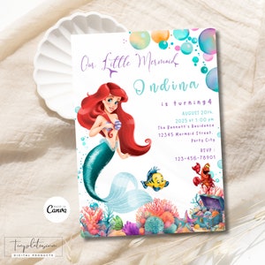 Faire-part d'anniversaire modifiable petite sirène, modèle d'invitation d'anniversaire Ariel, carte la petite sirène, Invitation numérique princesse Ariel