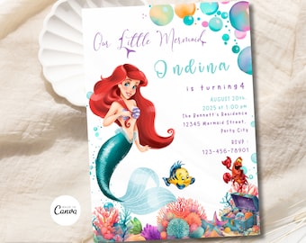 Editable Little Mermaid Birthday Invitation, Ariel Birthday Invitation Template, The Little Mermaid Card, Princess Ariel Digital Invitation