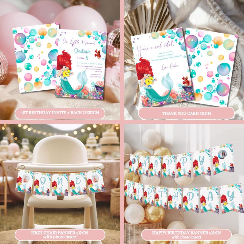 May include: A collection of mermaid-themed party supplies. Includes invitations, thank you cards, high chair banner, and a happy birthday banner. Each item features a mermaid illustration with colorful bubbles and floral accents. The invitation reads "Our Little Mermaid, Indina, 5".