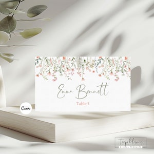 Plantilla de tarjeta de presentación editable, tarjeta de presentación imprimible, decoración personalizable para fiestas, tarjeta de lugar con flores silvestres, tarjetas de lugar planas y en forma de carpa, descarga instantánea