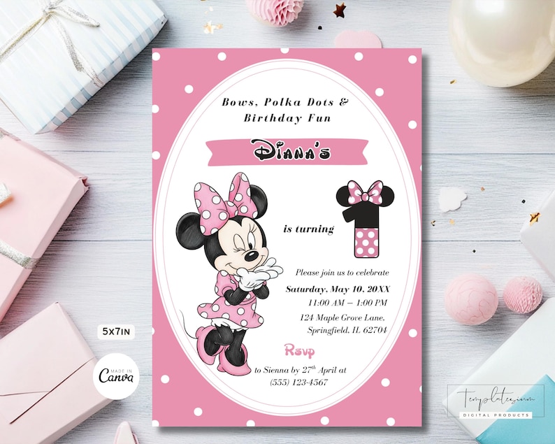 Pink Minnie Mouse Birthday Invitation, Watercolor Girls Birthday Invite ...