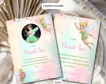 Tarjeta de agradecimiento de Campanilla, decoración para fiesta de cumpleaños de hadas, recuerdo personalizado, descarga digital de Canva, imprimible
