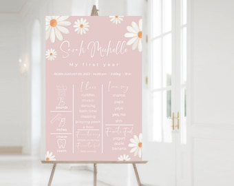 May include: A pink and white baby milestone poster with a daisy theme. The poster includes the baby's name, Sarah Michelle, birth date, weight, and height. It also lists the baby's favorite foods, activities, and sounds.