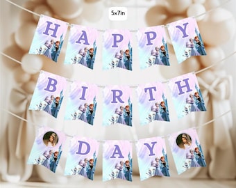 Banner de feliz cumpleaños de Frozen, Elsa, Anna, Olaf, decoraciones para fiestas, cualquier edad, plantilla personalizada de Canva