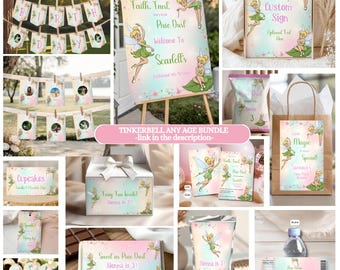 Paquete de decoración de fiesta de hadas con temática de Campanilla, plantilla personalizada de Canva, kit de invitación imprimible de descarga digital.