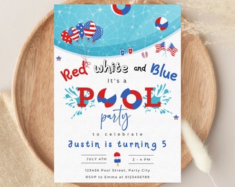 Editable Pool Party Invitation, 4th of July Red White Blue Summer Pool ...