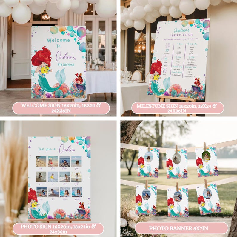 May include: A collection of mermaid-themed party decorations. Includes a welcome sign, milestone sign, photo sign, and photo banner. The signs feature a mermaid illustration with the text "Welcome to Ondina's 5th Birthday" and "Ondina's First Year".